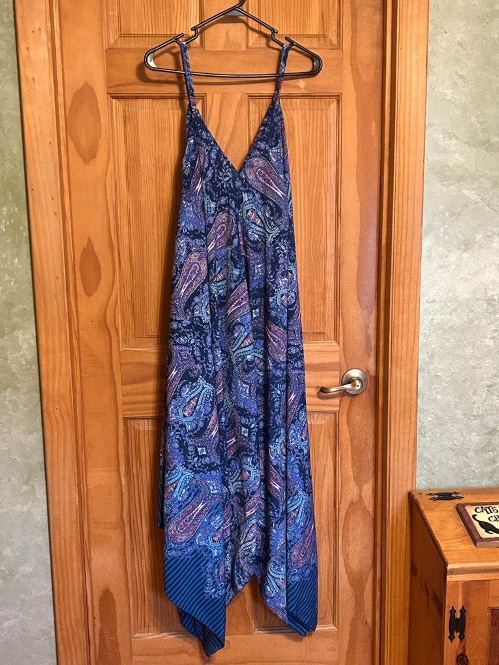 Blue Paisley Handkerchief Hem Maxi Dress With Front and Back V Size 2X Like New